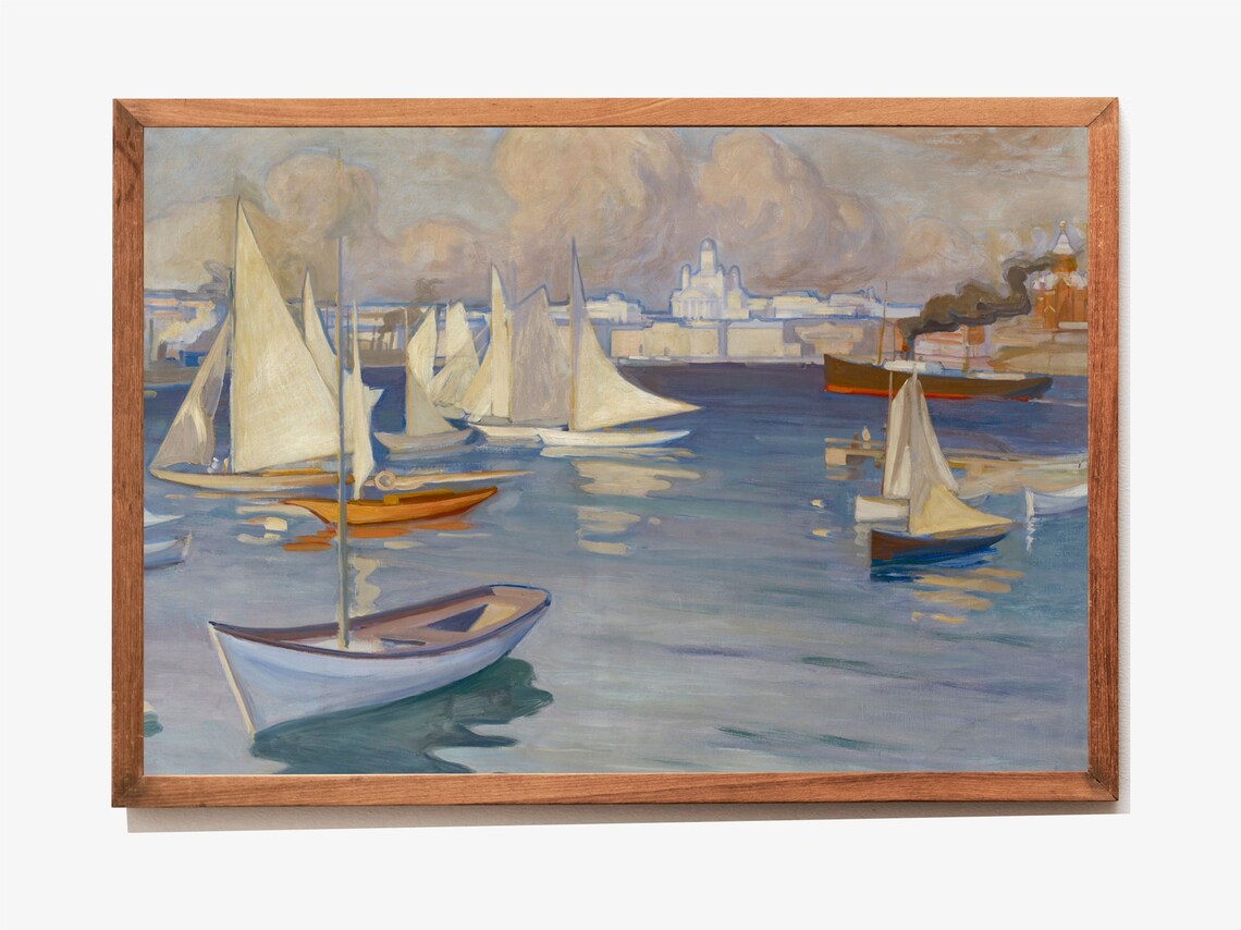 Vintage Harbor With Sailboats And White Domed Church Oil Painting Poster - Image 3