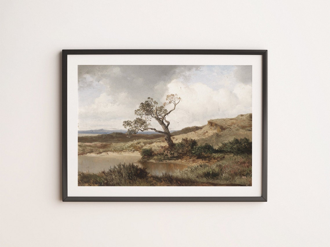 Vintage Windswept Tree by Pond Moorland Oil Painting Art Print - Image 3
