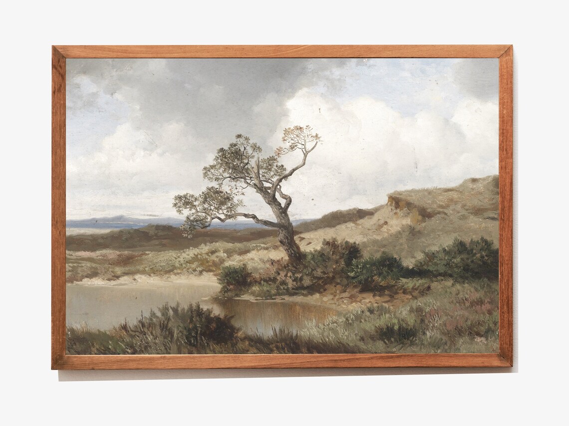Vintage Windswept Tree by Pond Moorland Oil Painting Art Print - Image 2