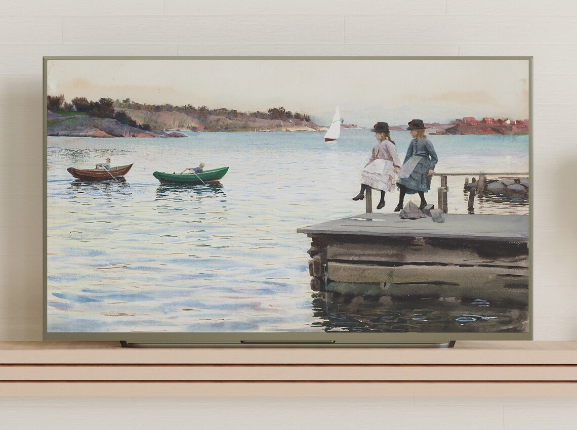 Girls Sitting On Wooden Pier Watching Sailboats Coastal Scene Poster - Image 3