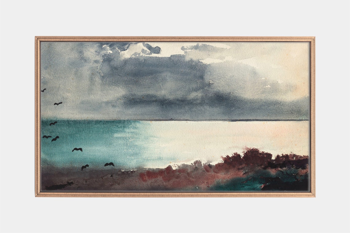 Abstract Watercolor Seascape Storm Clouds Birds Minimal Ocean Print