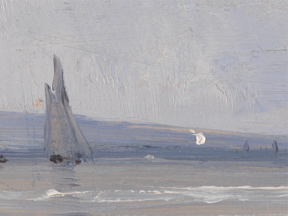 Vintage Coastal Beach Painting Sailboats Sandy Shore Soft Sky Seaside Poster - Image 2