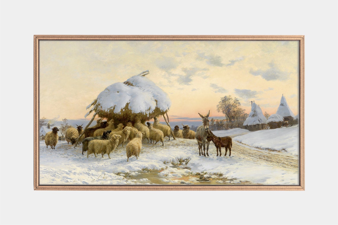 Vintage Winter Farm Sheep Flock Around Snowy Haystack Sunset Poster