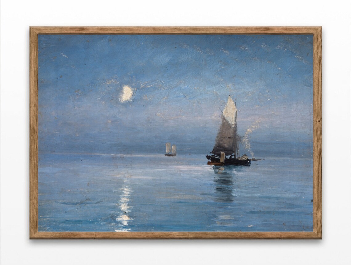 Vintage Moonlit Seascape Painting Moonlight on Ocean Sailboats Night Poster