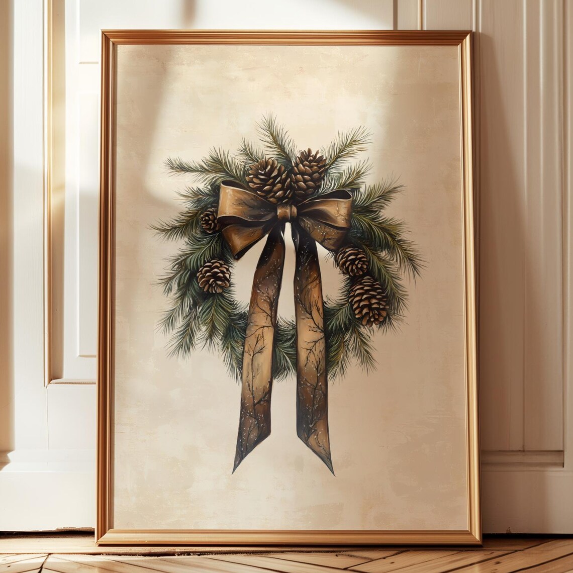 Rustic Christmas Wreath Art Print, Holiday Decor