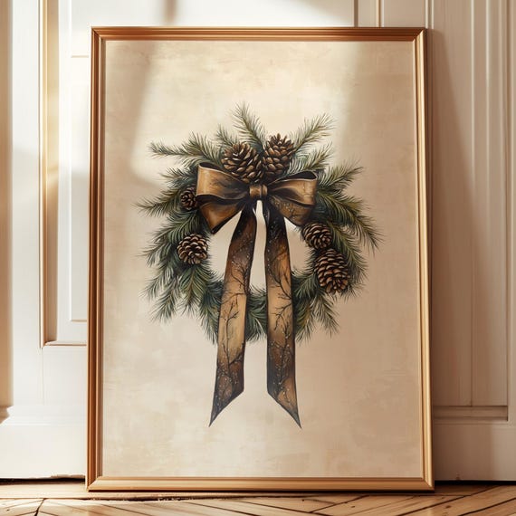 Rustic Christmas Wreath Art Print, Holiday Decor