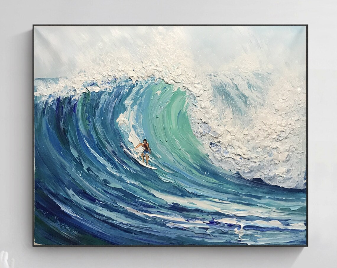 Blue Waves Surfing Painting, Personalized Wall Art Print - Image 3