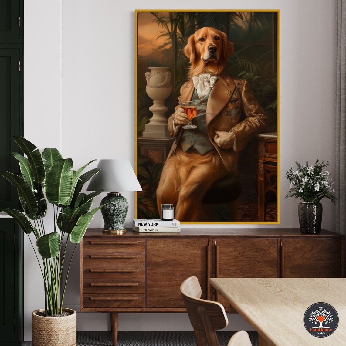Golden Retriever Gentleman in Gold Suit Holding Whiskey Poster - Image 4