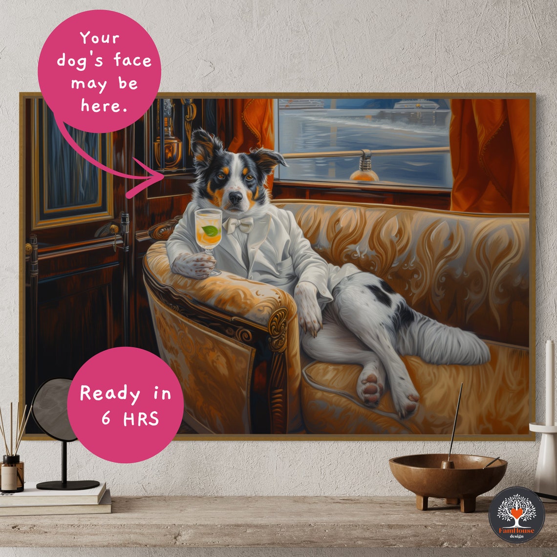 Australian Shepherd in White Tuxedo Lounging with Cocktail Poster - Image 5