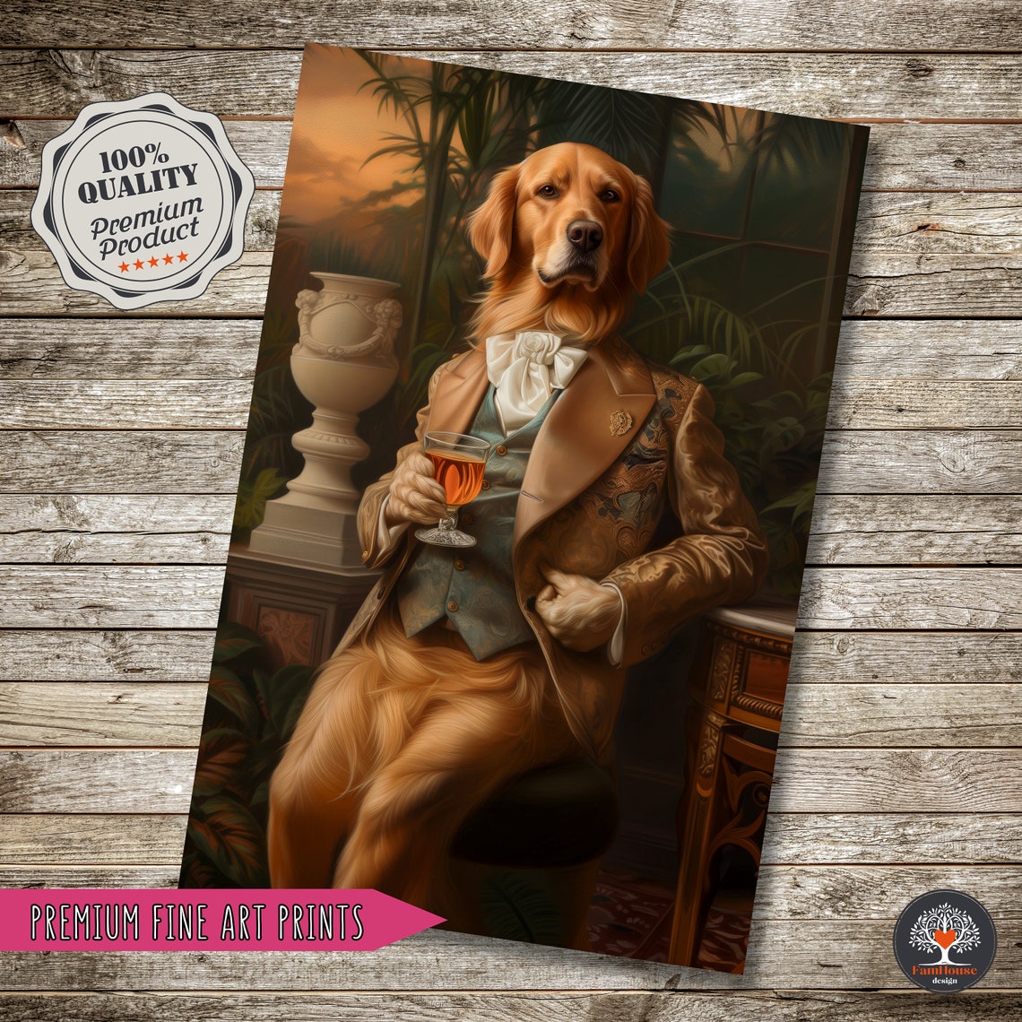 Golden Retriever Gentleman in Gold Suit Holding Whiskey Poster - Image 3