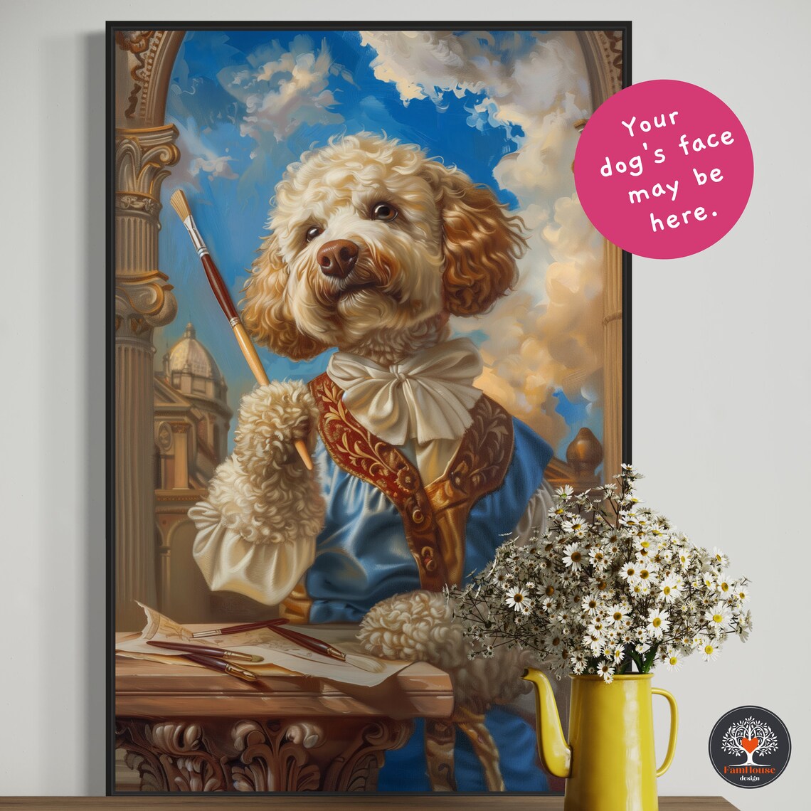 Curly Cream Dog Artist in Blue Baroque Coat Painting Studio Poster