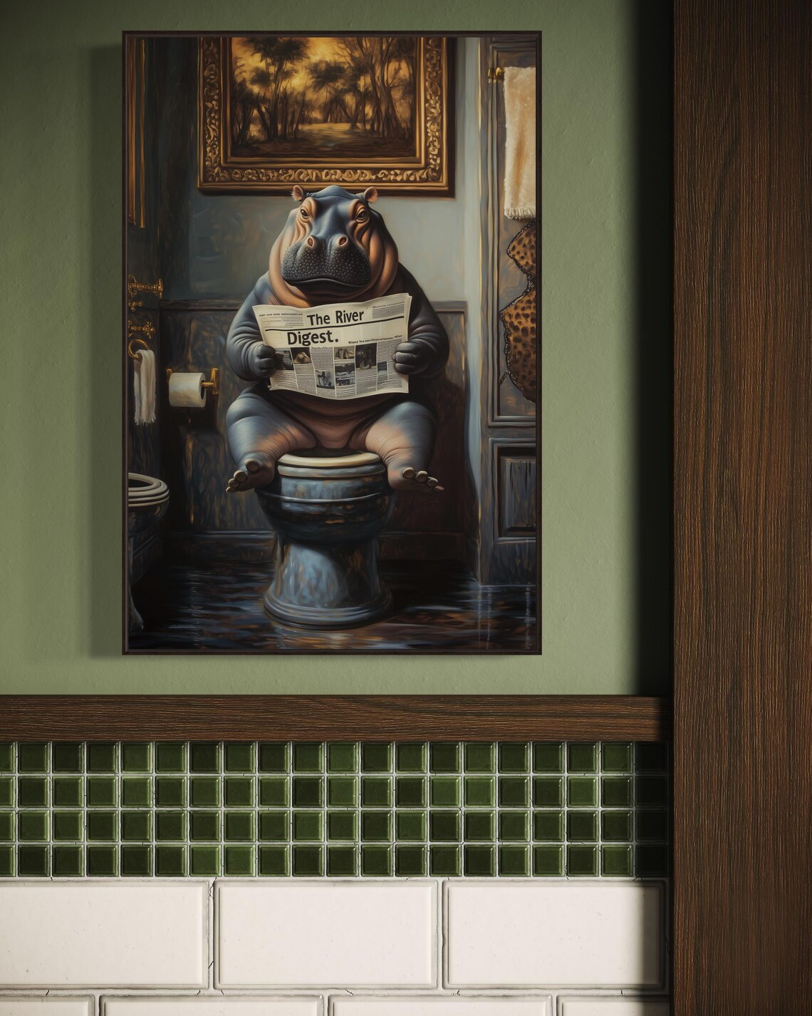 Funny Hippo on Toilet Reading The River Digest Newspaper Poster - Image 3