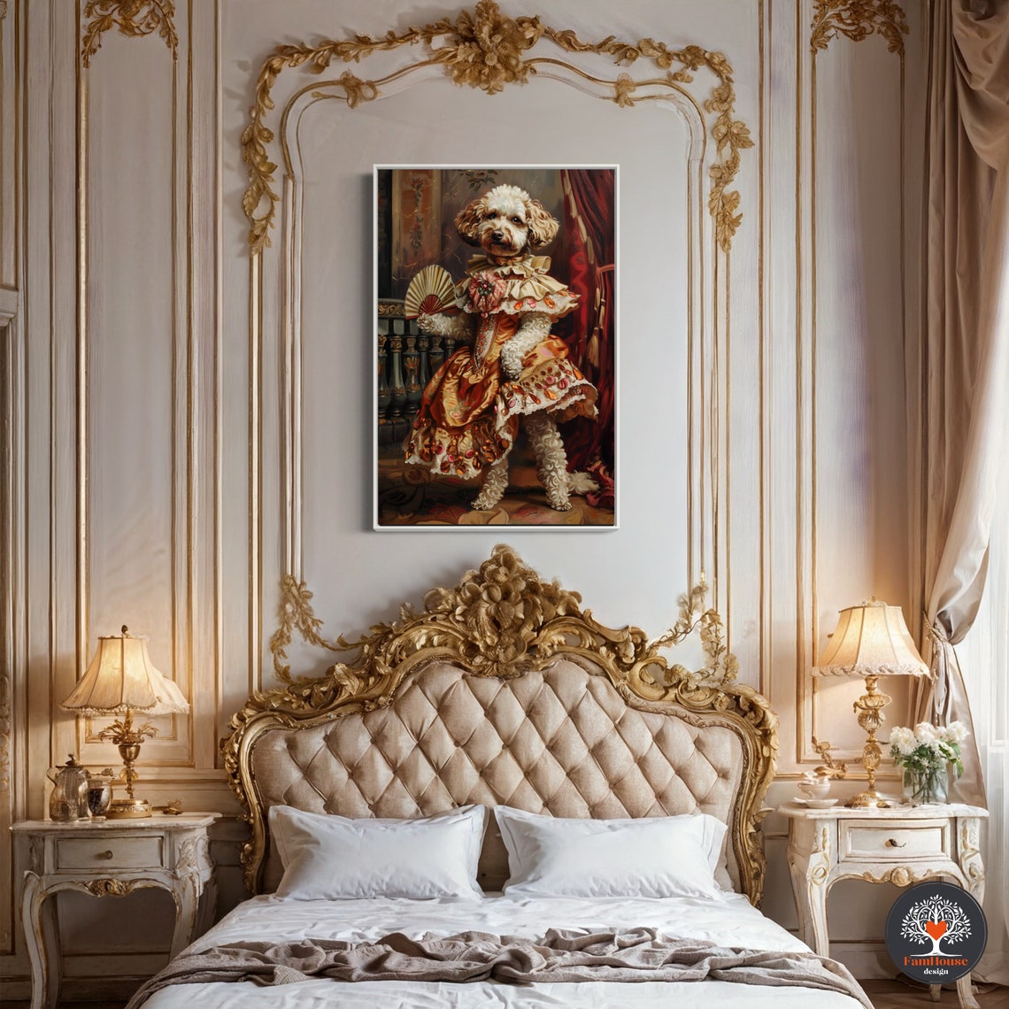 Curly White Dog in Regal Renaissance Gown Holding Fan Portrait Poster - Image 4