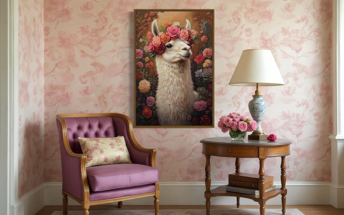 Smiling White Llama Wearing Floral Crown in Blooming Garden Poster - Image 3