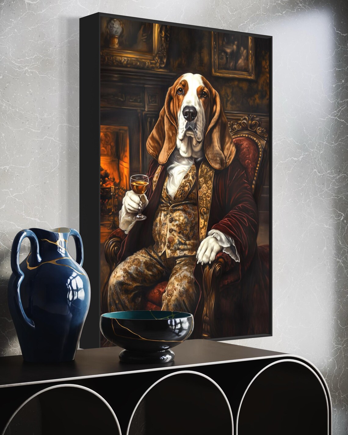Regal Basset Hound Aristocrat in Velvet Robe Sipping Whiskey Poster - Image 5