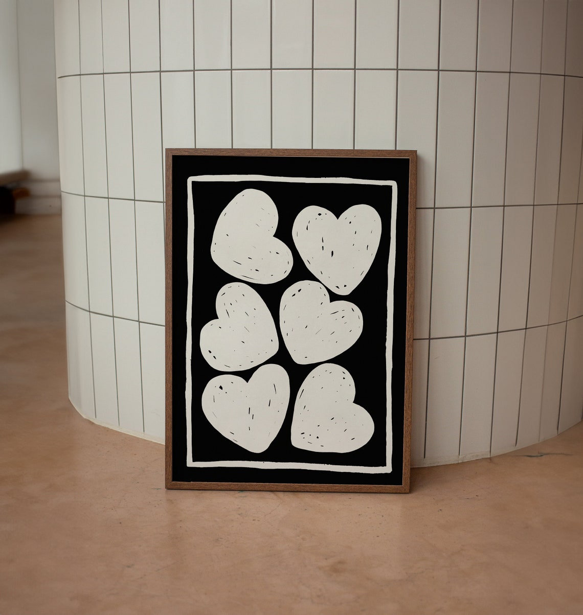 Six Hand Drawn Hearts Minimalist Black and White Modern Wall Art