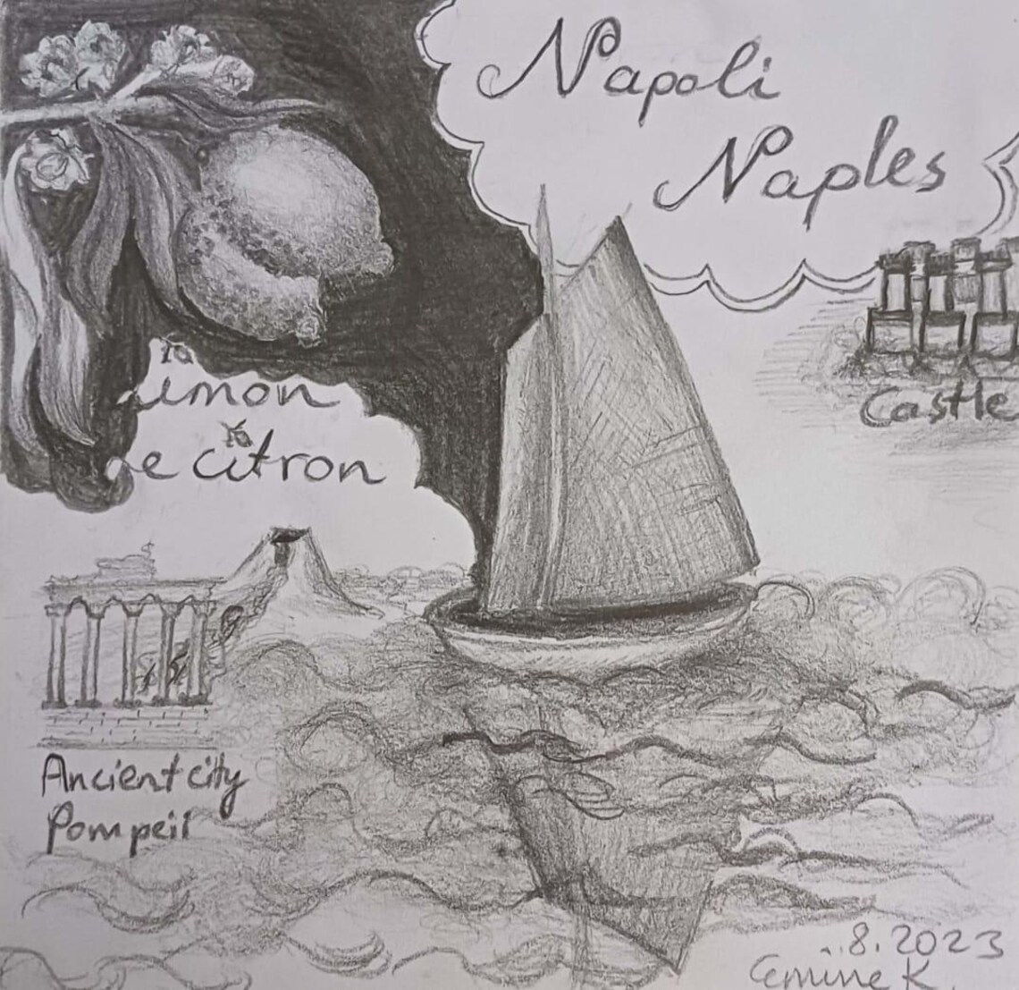 Napoli Naples Charcoal Sketch Sailboat Pompeii Lemon Travel Poster - Image 4