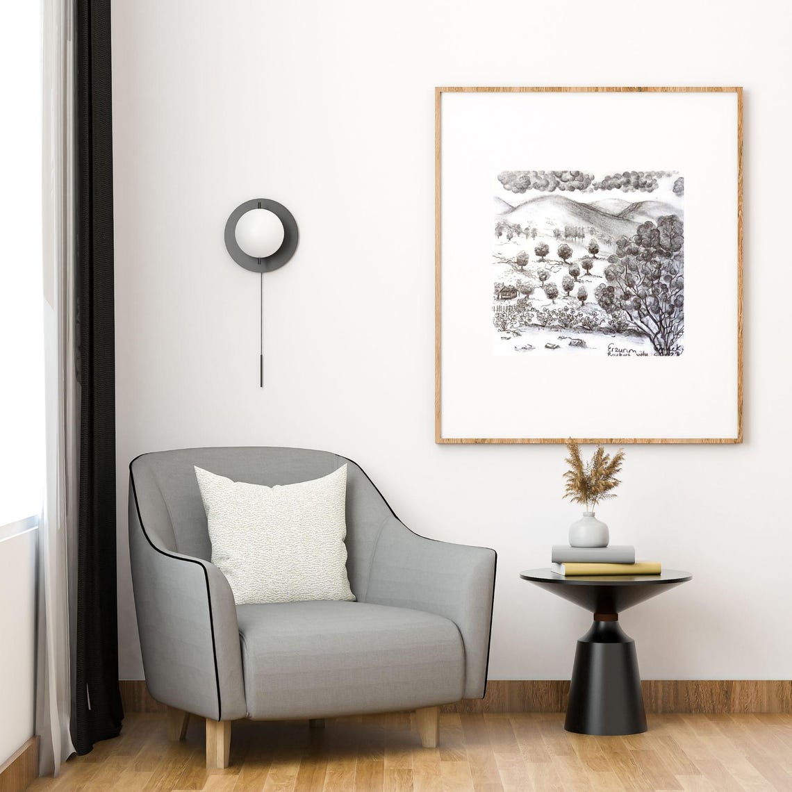 Erzurum Turkiye Charcoal Pencil Landscape Hills Sketch Poster - Image 4