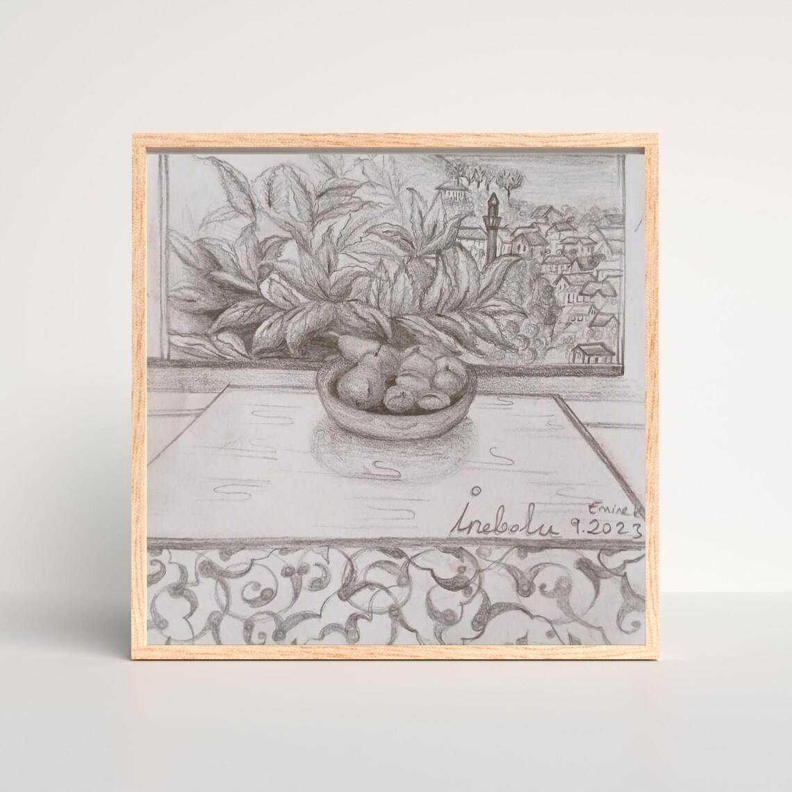 Inebolu Turkiye Charcoal Sketch Of Fruit Bowl Town View Poster - Image 3