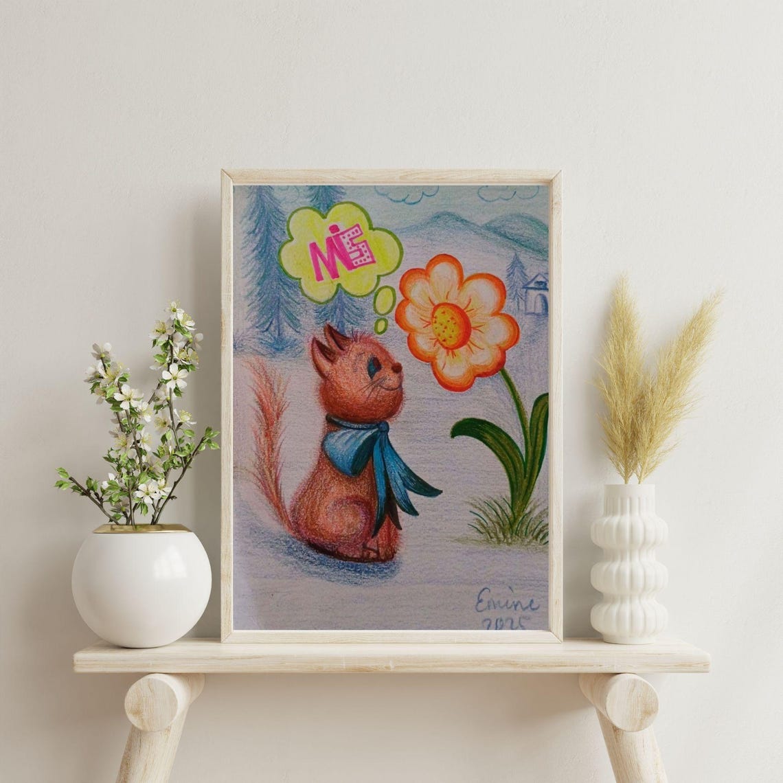 Cute Orange Kitten With Blue Scarf Flower Colored Pencil Poster - Image 4