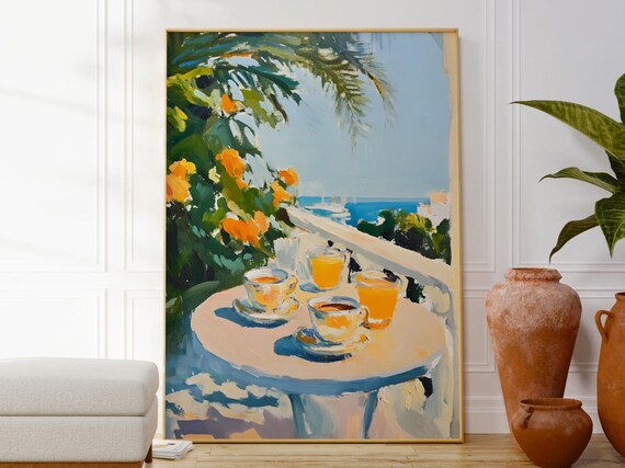 Seaside Balcony Breakfast Print Botanical Sea View Art