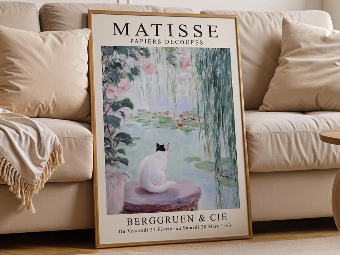 Matisse Cat By Pond Print Botanical Pastel Vintage Style Wall Art