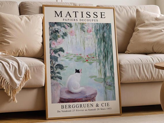 Matisse Cat By Pond Print Botanical Pastel Vintage Style Wall Art