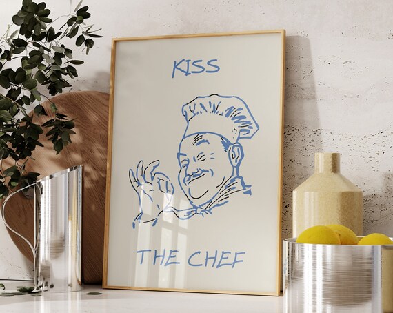 Kiss The Chef Print Blue Aesthetic Kitchen Decor Cute Cooking Art Kitchen Wall Art Print Minimalist Chef Print 1 Print