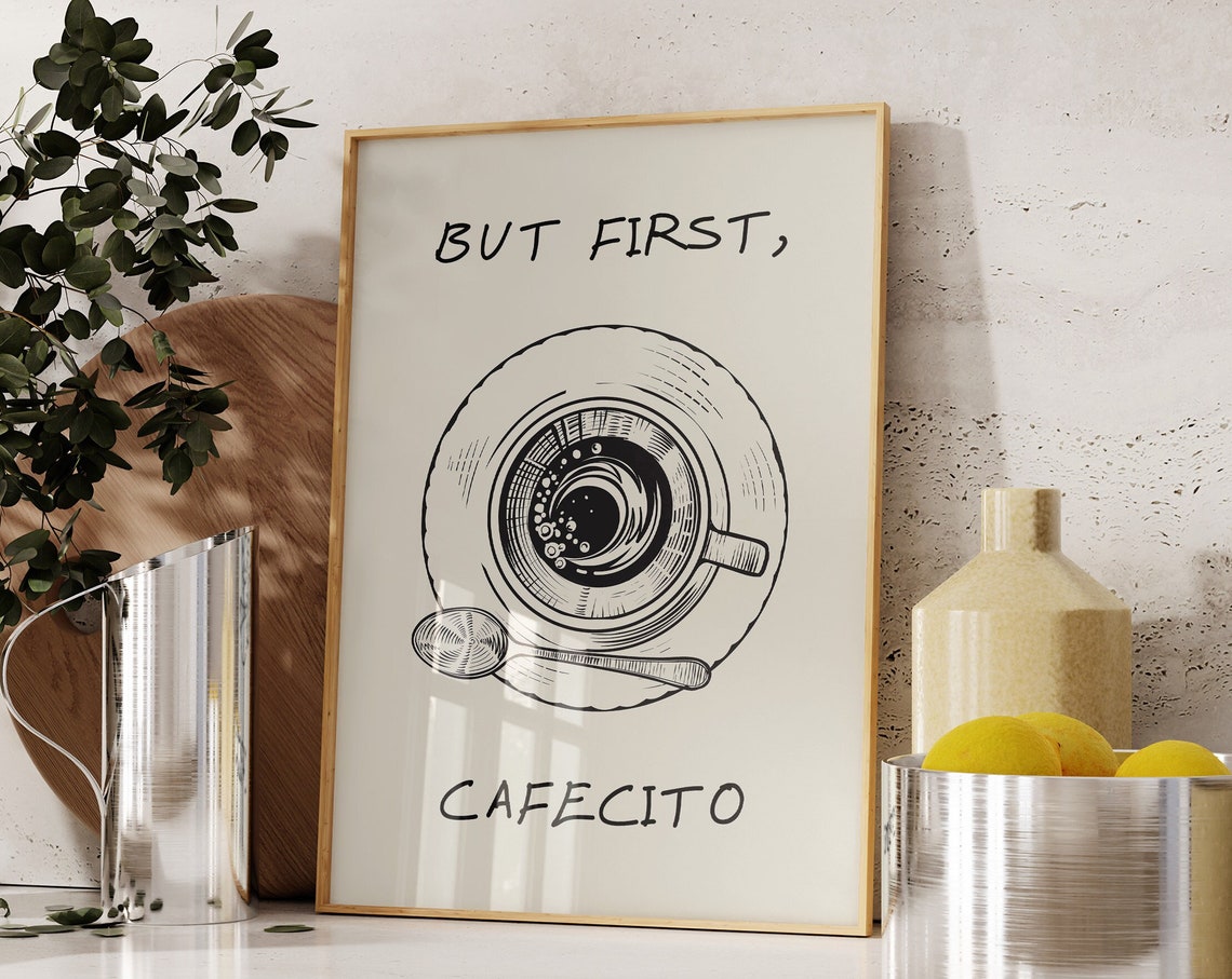 But First Cafecito Coffee Cup Sketch Spanish Kitchen Decor Poster