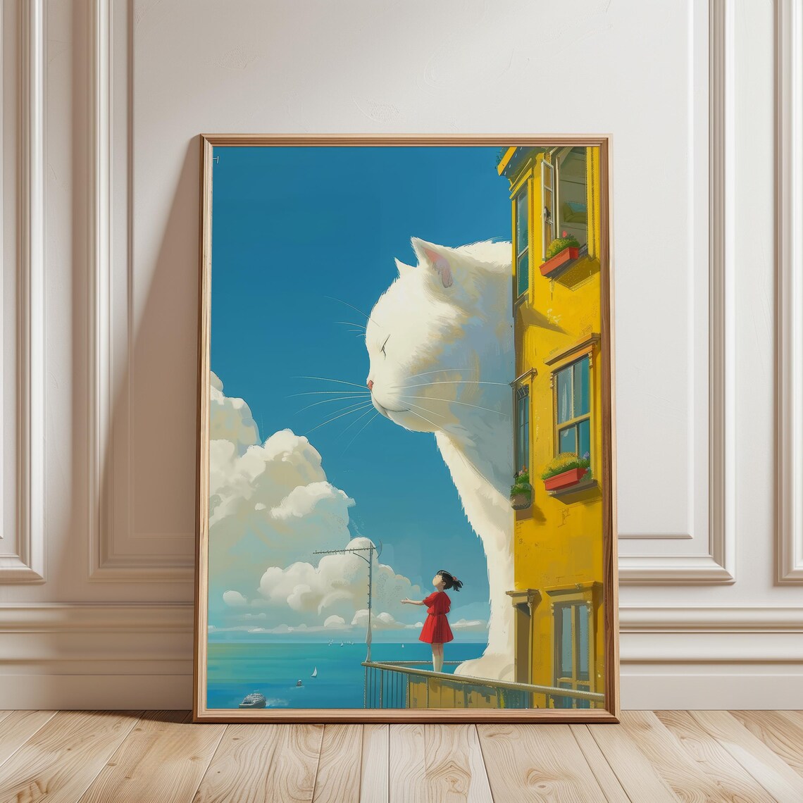 Giant White Cat Yellow Building Girl Red Dress Seaside Fantasy Poster