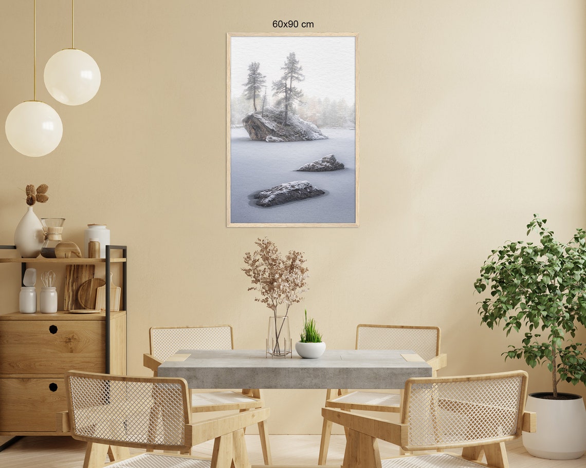 Snowy Rock Island With Pines On A Frozen Misty Winter Lake Poster - Image 2