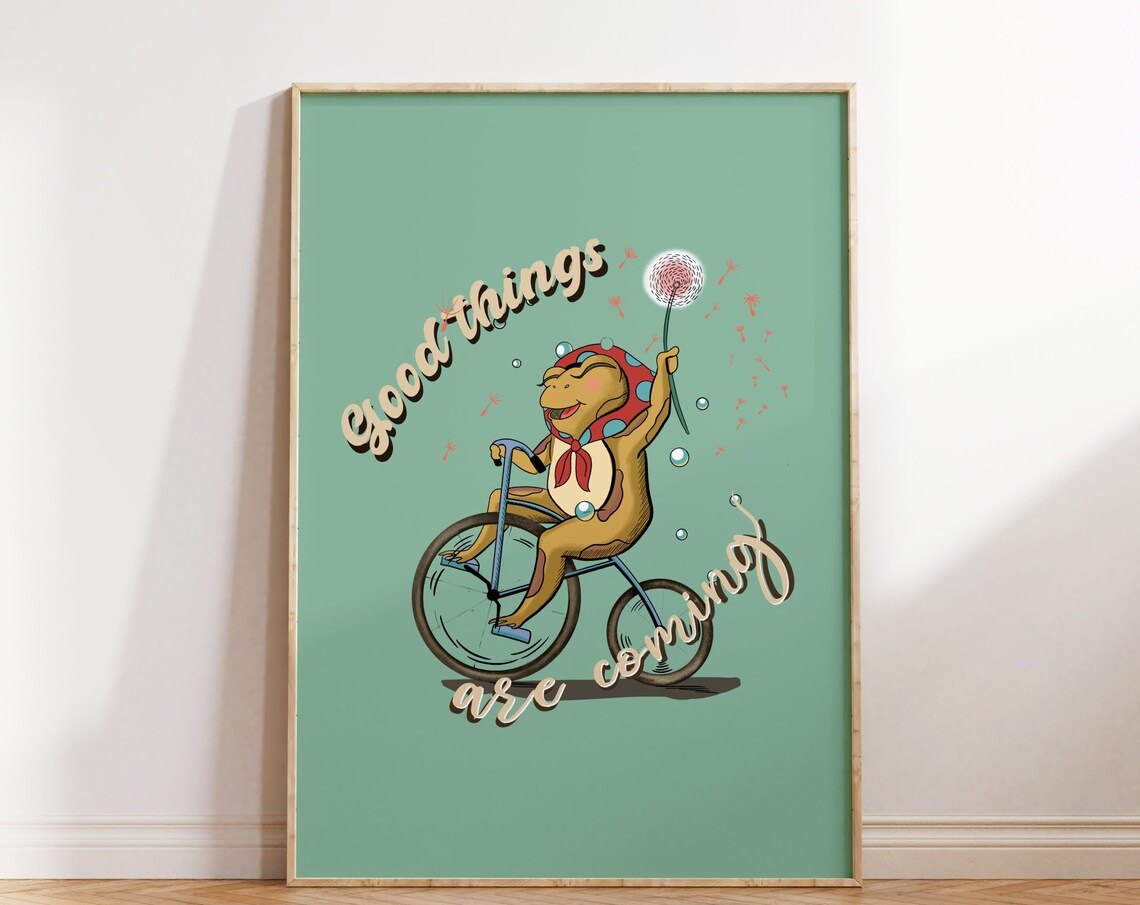 Retro Green Good Things Are Coming Cute Frog Bike Quote Poster