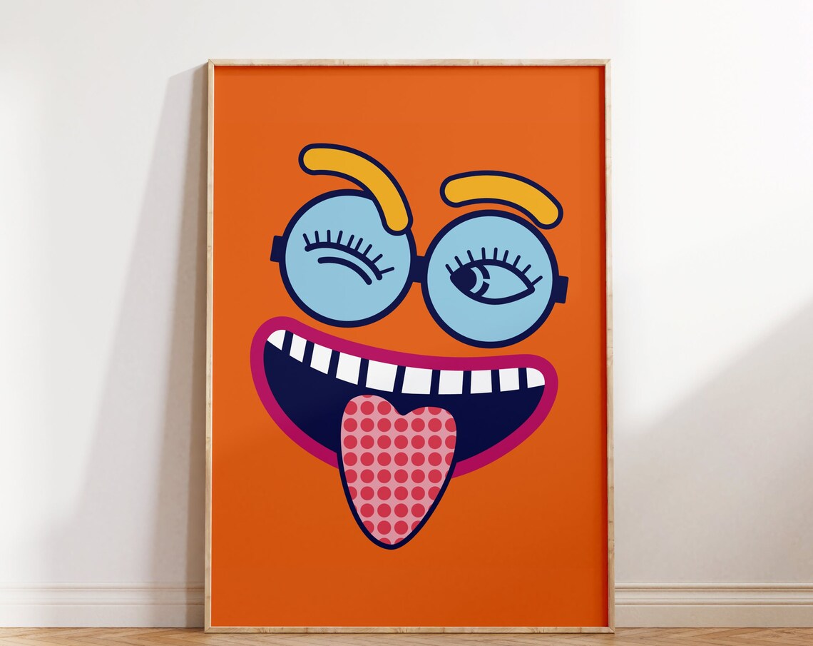 Wacky Cartoon Face Orange Pop Art Funny Winking Eye Quirky Poster
