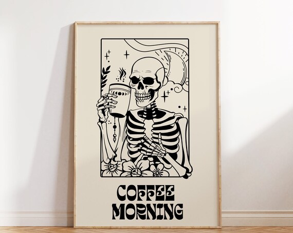 Coffee Morning Skeleton Tarot Style Black Cream Retro Poster