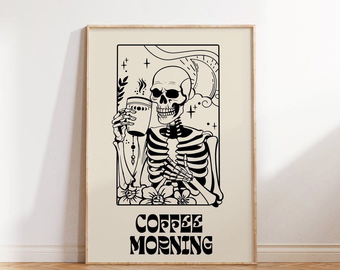 Coffee Morning Skeleton Tarot Style Black Cream Retro Poster