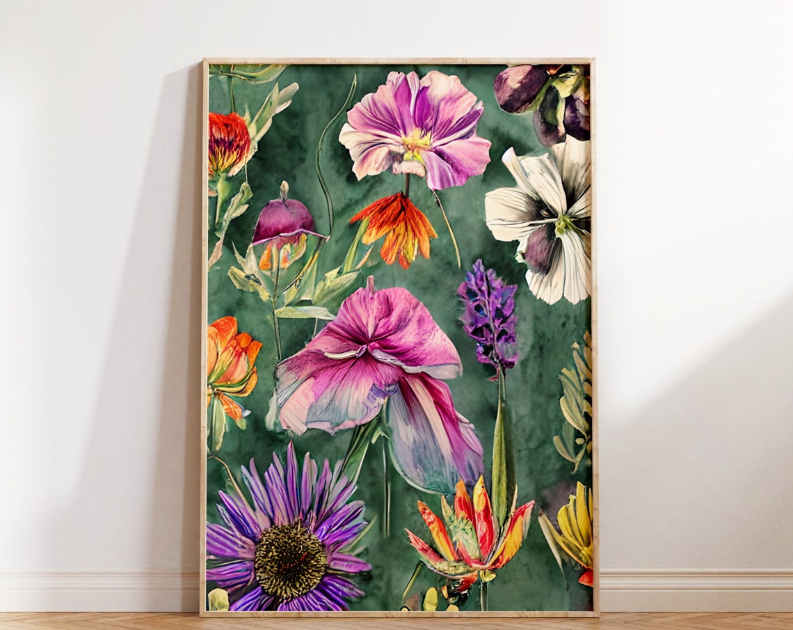 Painterly Floral Bouquet Poster Moody Dark Green Botanical Art Decor