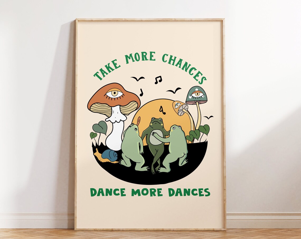 Retro Frog with Vintage Mushroom Illustration Art Print