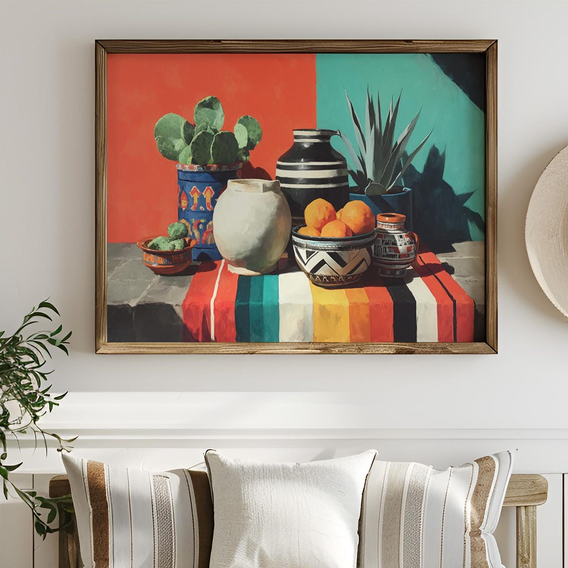Mexican Style Still Life Pottery Cactus Oranges Colorful Art Poster
