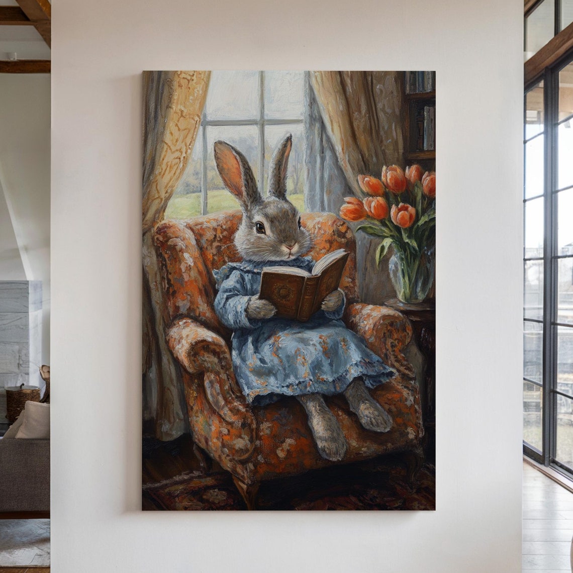 Rabbit Reading Book in Armchair by Window Whimsical Bunny Art Print