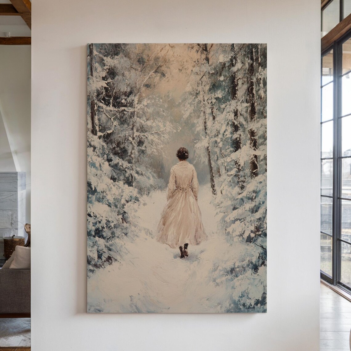 Woman Walking Into Snowy Pine Forest Path Serene Winter Scene Poster