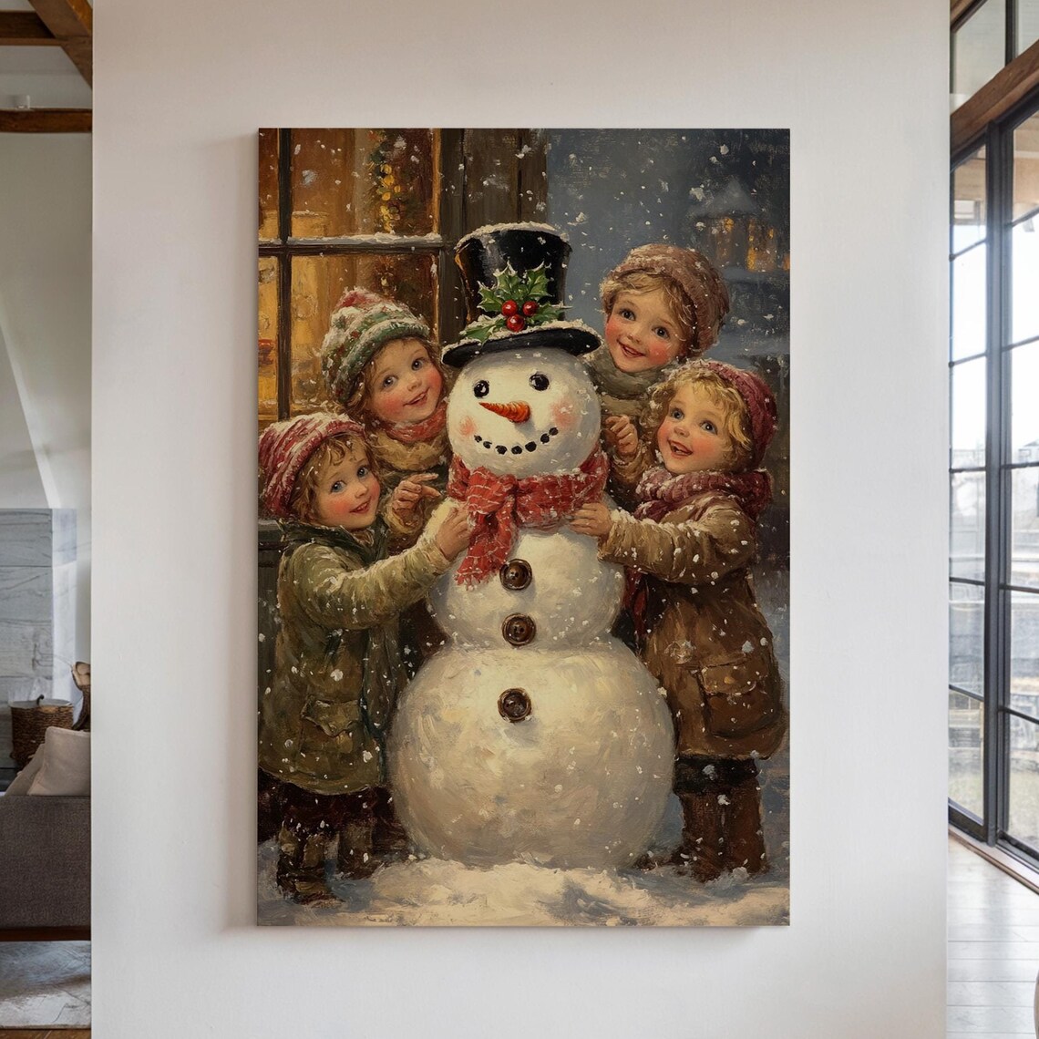 Children Building Snowman Vintage Christmas Holiday Season Poster