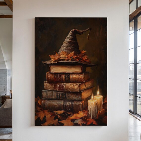 Witch Hat Spell Books Autumn Halloween Candle Vintage Magic Poster Art