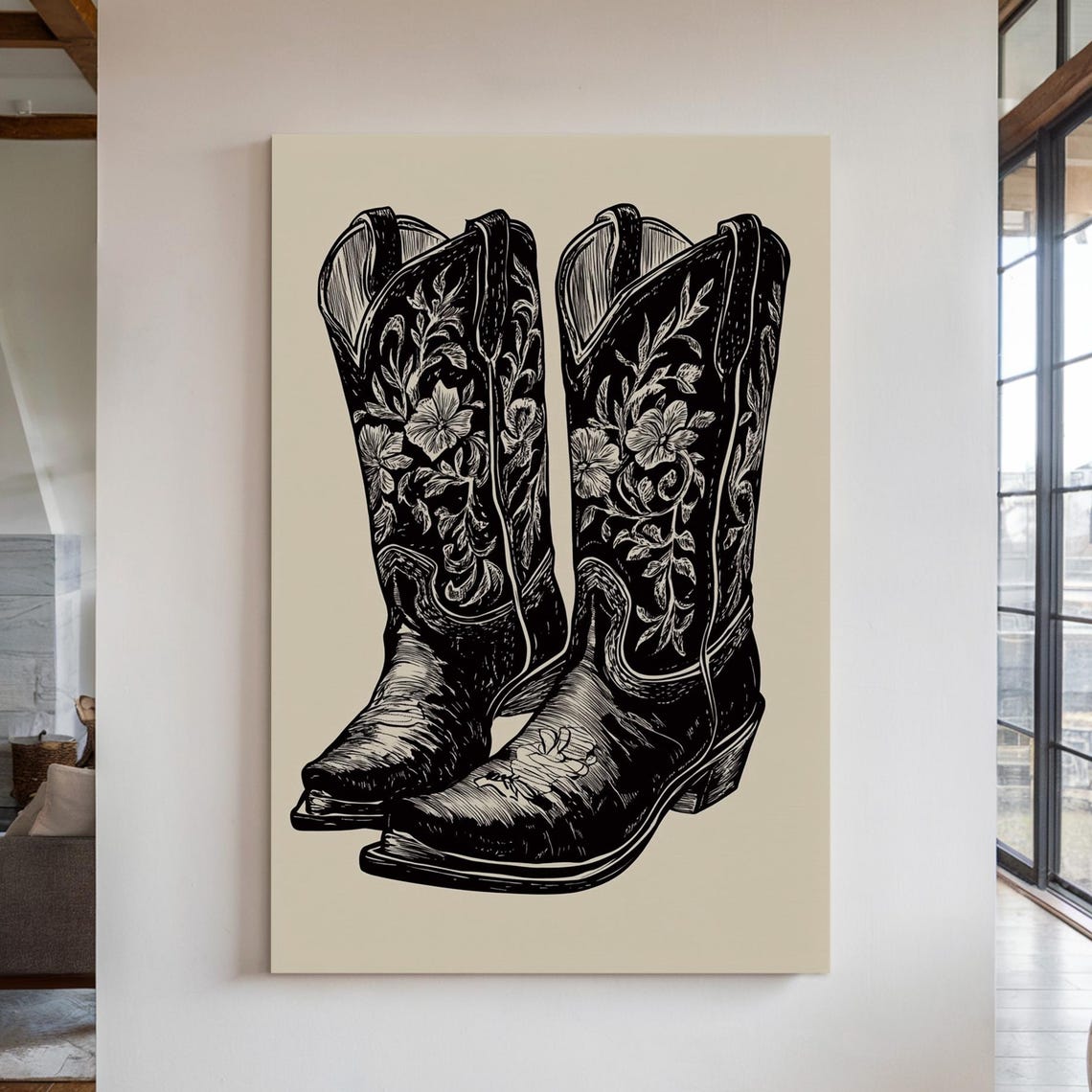 Floral Cowboy Boots Linocut Style Black and White Western Poster