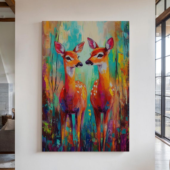 Bold Abstract Deer Pair Art Vibrant Wildlife Painting For Modern Home Decor Nature Inspired Colorful Wall Art Print