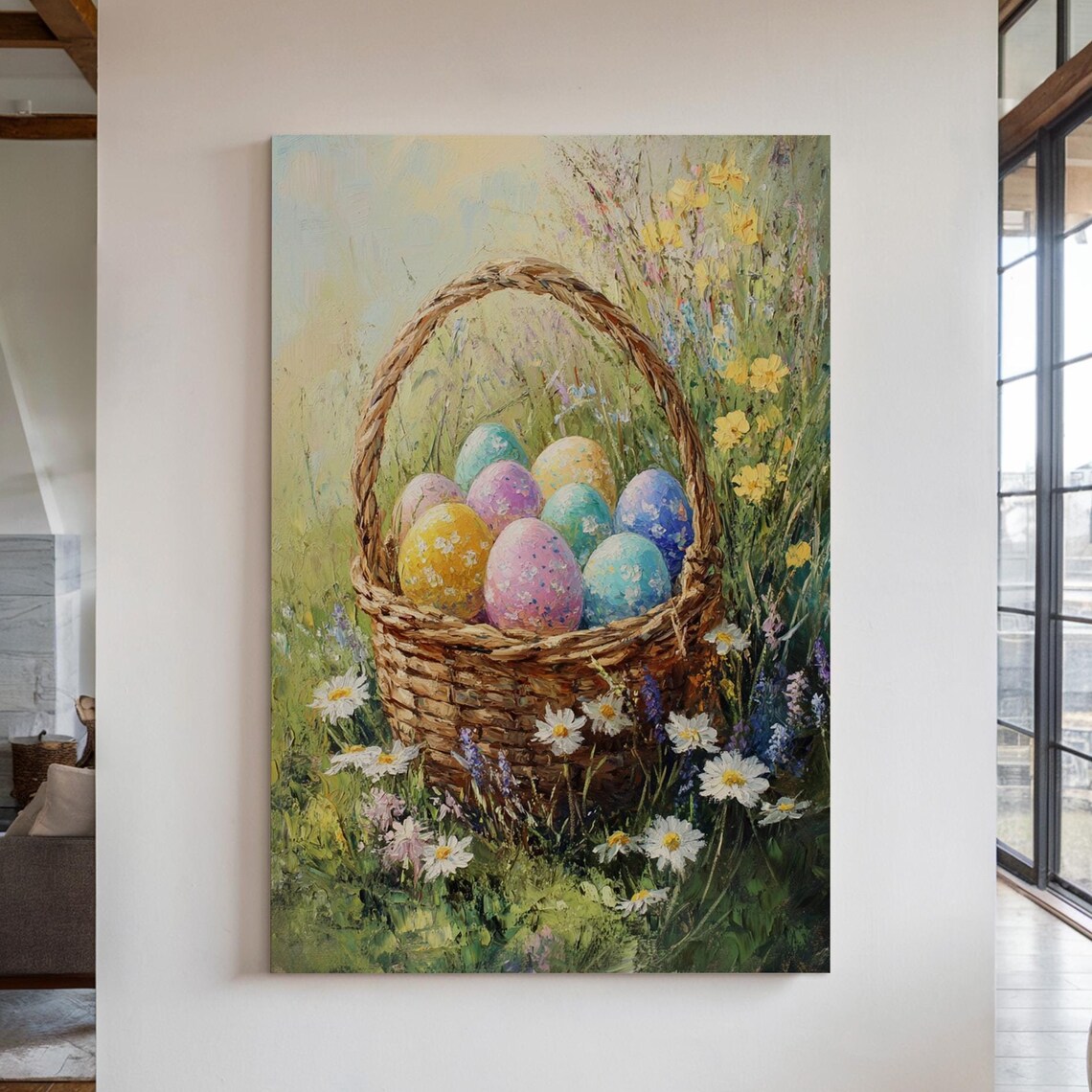 Easter Basket Art Print, Spring Wildflower Meadow