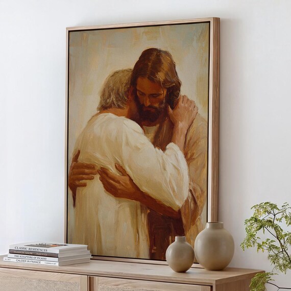 Jesus Embracing Older Man Comfort Mercy Christian Faith Poster