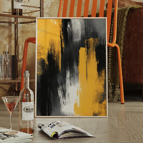 Yellow Black White Abstract Brushstroke Canvas Wall Art Bold Modern Painting For Office Or Urban Loft Decor