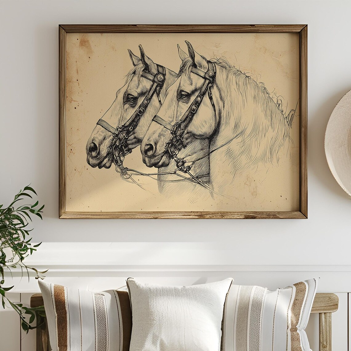 Vintage Pen Sketch Of Two Horses In Harness Equestrian Poster
