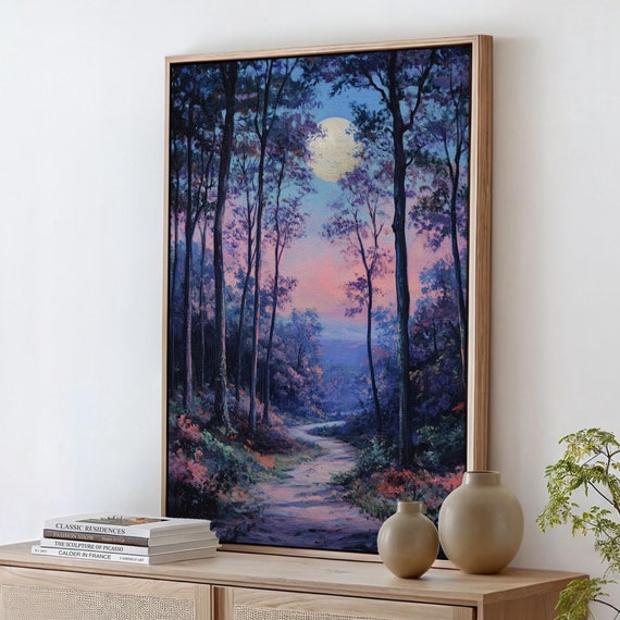 Moonlit Forest Path Vibrant Purple Blue Woodland Scene With A Peaceful Trail For Tranquil Nature Inspired Wall Art And Decor