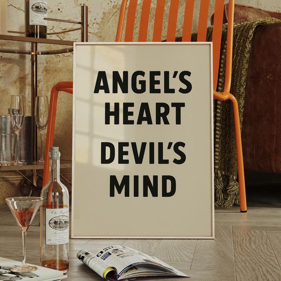 Angels Heart Devils Mind Bold Typography Quote Canvas Print Edgy Modern Wall Art For Attitudedriven Decor